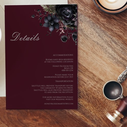 Dark Gothic Floral Burgundy Wedding Details Enclosure Card