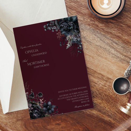 Dark Gothic Floral Burgundy Wedding Invitation