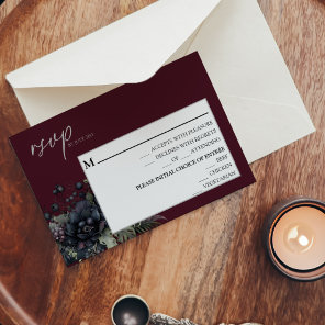 Dark Gothic Floral Burgundy Wedding Menu RSVP Card