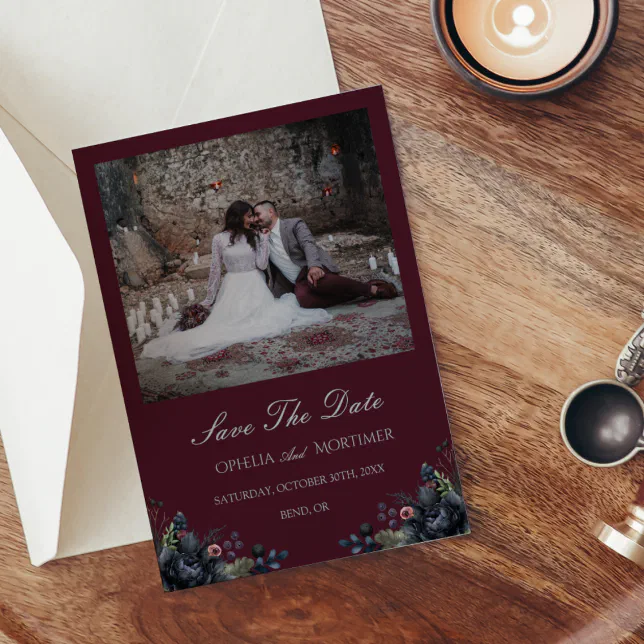 Dark Gothic Floral Burgundy Wedding Photo Save The Date | Zazzle
