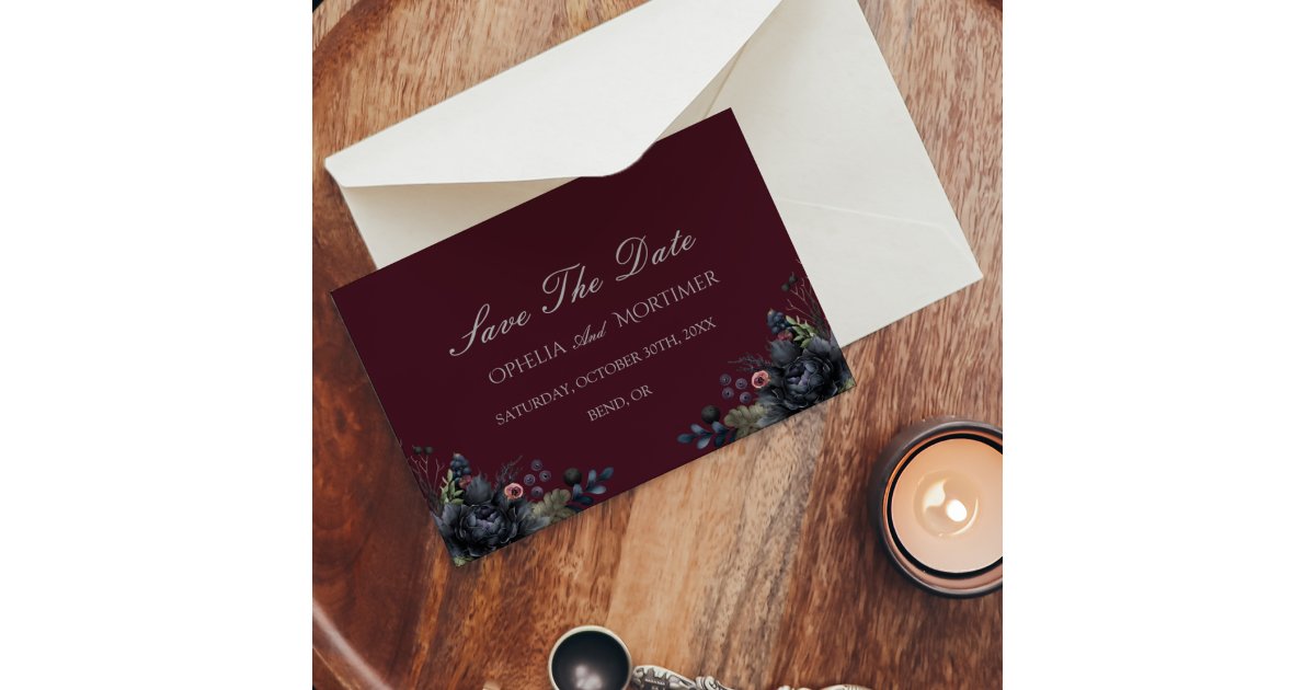 Dark Gothic Floral Burgundy Wedding Save The Date | Zazzle