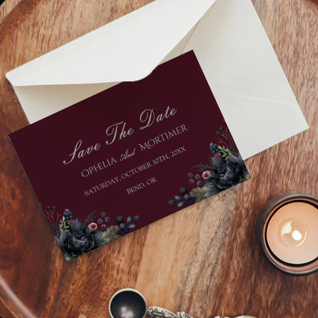 Dark Gothic Floral Burgundy Wedding Save The Date | Zazzle