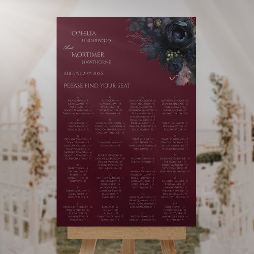 Dark Gothic Floral Burgundy Wedding Seating Chart Foam Board