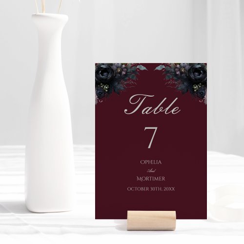 Dark Gothic Floral Burgundy Wedding Table Number