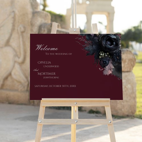 Dark Gothic Floral Burgundy Wedding Welcome Sign