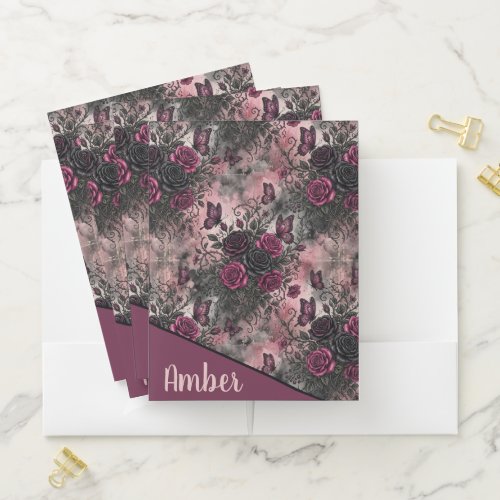 Dark Gothic Floral & Butterfly Pattern Pocket Folder