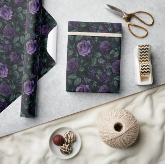 Dark Gothic Floral Pattern with Deep Purple Roses Wrapping Paper