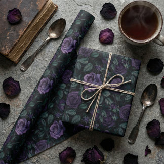 Dark Gothic Floral Pattern with Deep Purple Roses Wrapping Paper