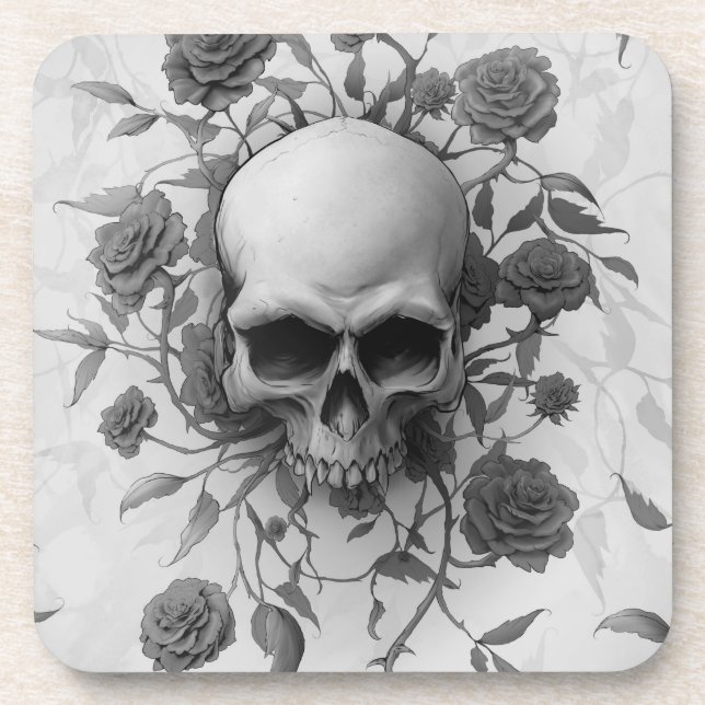 Dark Gothic Floral Rose Skull Beverage Coaster (Front)
