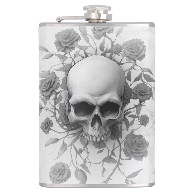 Dark Gothic Floral Rose Skull Flask (Front)