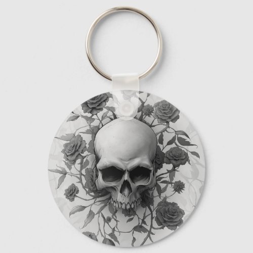 Dark Gothic Floral Rose Skull Keychain