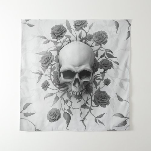 Dark Gothic Floral Rose Skull Tapestry