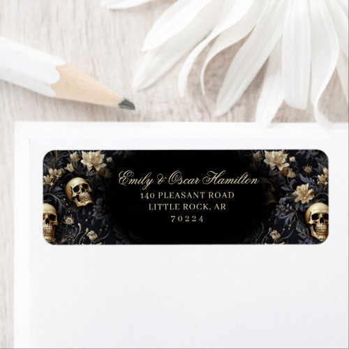 Dark Gothic Floral Skull Gold Return Address Label