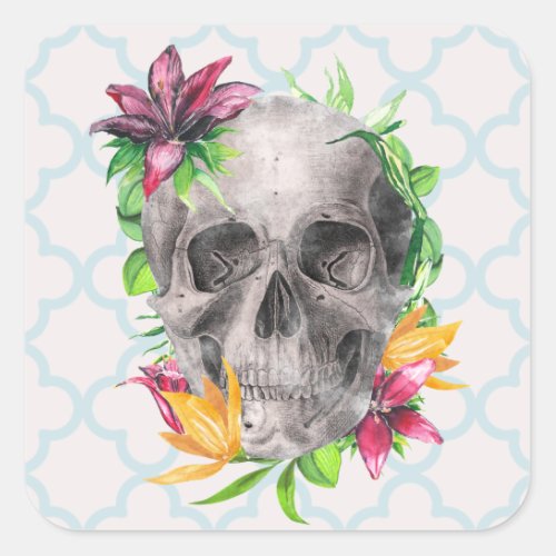 Dark Gothic Floral Skull Orchid  Elecampane Square Sticker