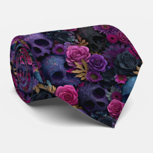 Dark Gothic Floral Skull Seamless Pattern Neck Tie