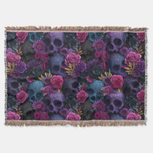 Dark Gothic Floral Skull Seamless Pattern Throw Blanket