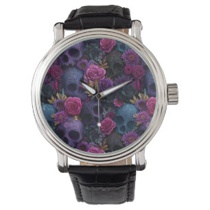 Dark Gothic Floral Skull Seamless Pattern Watch