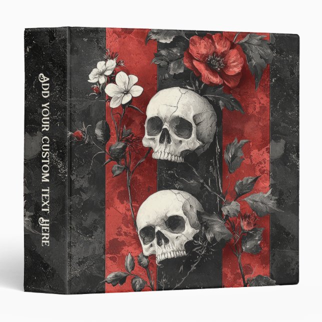 Dark Gothic Floral Skulls Red & Black Stripe 3 Ring Binder (Front/Spine)