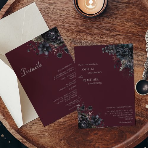 Dark Gothic Floral Wedding Details All In One Invitation