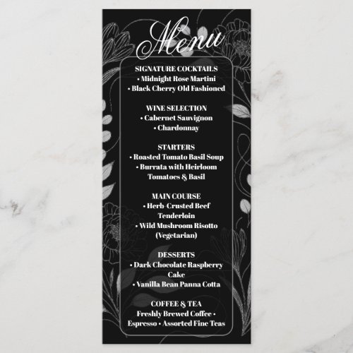 Dark Gothic Florals Monochrome Black White Wedding Menu