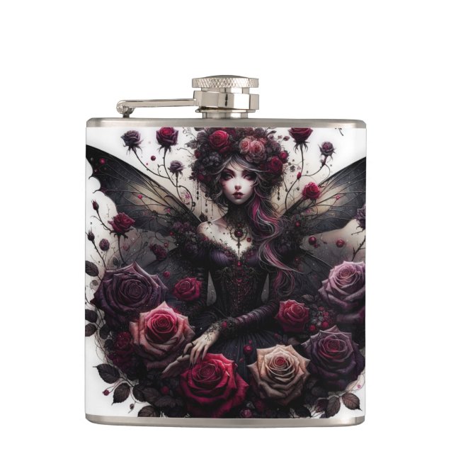 Dark Gothic Forest Fairy Floral Roses Burgundy Flask (Front)