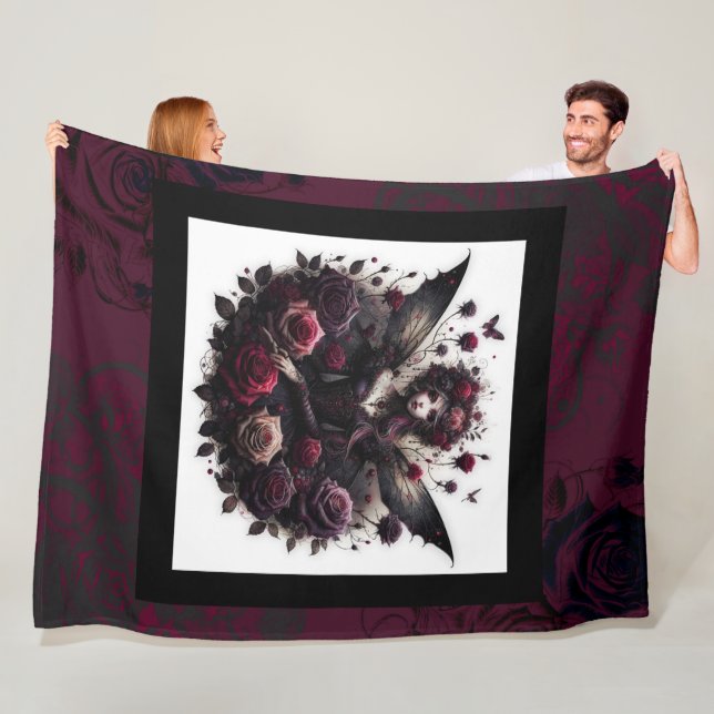 Dark Gothic Forest Fairy Floral Roses Burgundy Fleece Blanket (In Situ)