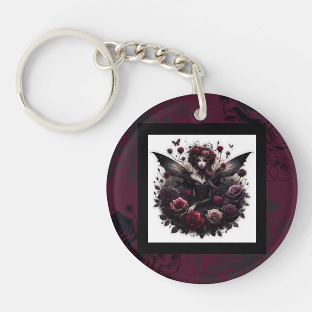 Dark Gothic Forest Fairy Floral Roses Burgundy Keychain (Front)