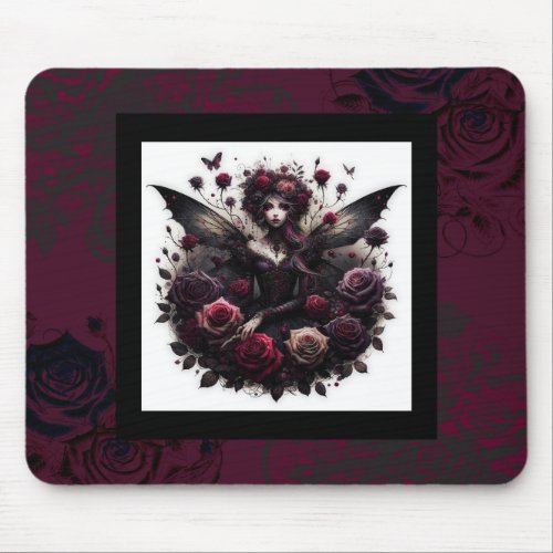 Dark Gothic Forest Fairy Floral Roses Burgundy Mouse Pad