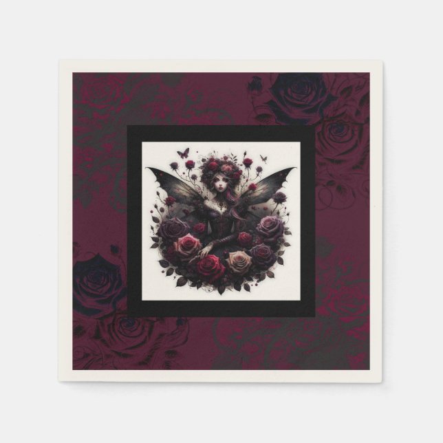 Dark Gothic Forest Fairy Floral Roses Burgundy Napkins (Front)