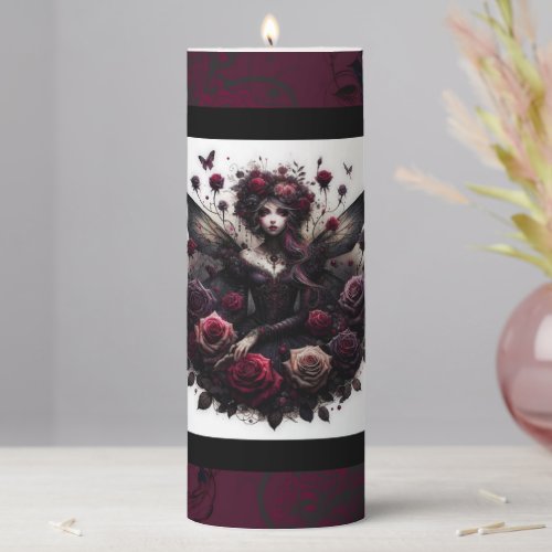 Dark Gothic Forest Fairy Floral Roses Burgundy Pillar Candle