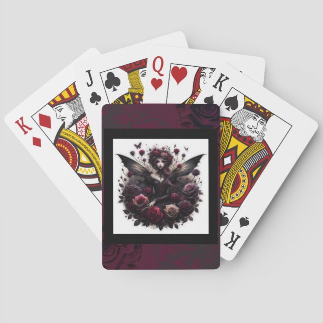 Dark Gothic Forest Fairy Floral Roses Burgundy Poker Cards (Back)