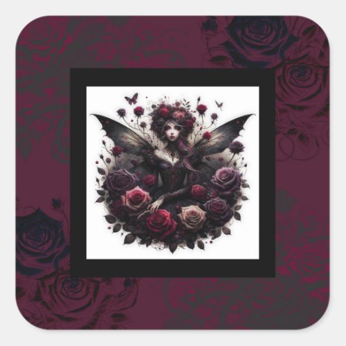 Dark Gothic Forest Fairy Floral Roses Burgundy Square Sticker