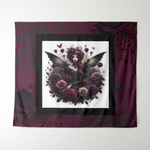 Dark Gothic Forest Fairy Floral Roses Burgundy Tapestry