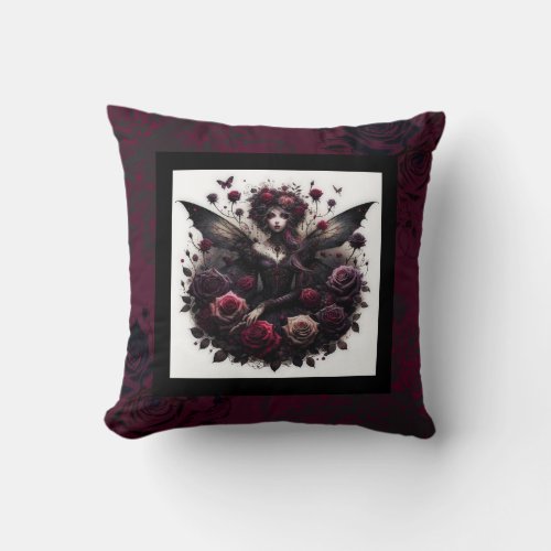 Dark Gothic Forest Fairy Floral Roses Burgundy Throw Pillow