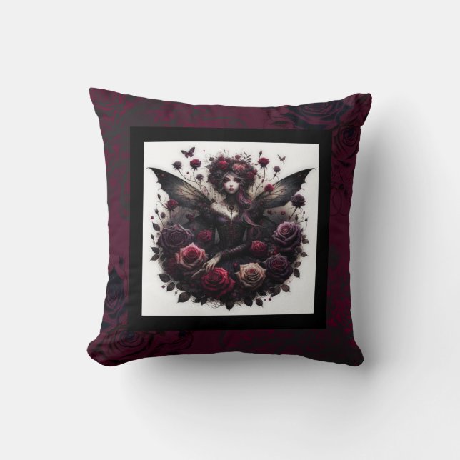 Dark Gothic Forest Fairy Floral Roses Burgundy Throw Pillow (Front)