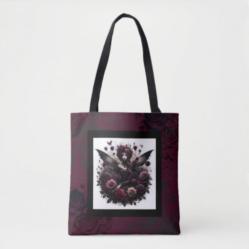 Dark Gothic Forest Fairy Floral Roses Burgundy Tote Bag