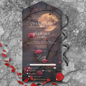 Dark Gothic Full Moon & Blood Red Roses Dinner All In One Invitation