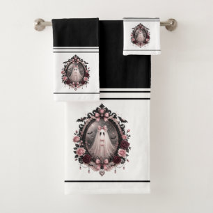 Dark Gothic Ghost Towel Set Pink Floral Cameo