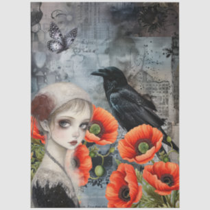 Dark Gothic Girl Raven Red Poppies Abstract Art  Tissue Paper