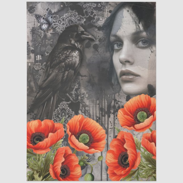 Dark Gothic Girl Raven Red Poppies Abstract Art  Tissue Paper (Front)