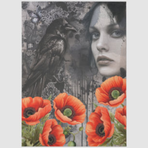 Dark Gothic Girl Raven Red Poppies Abstract Art Tissue Paper