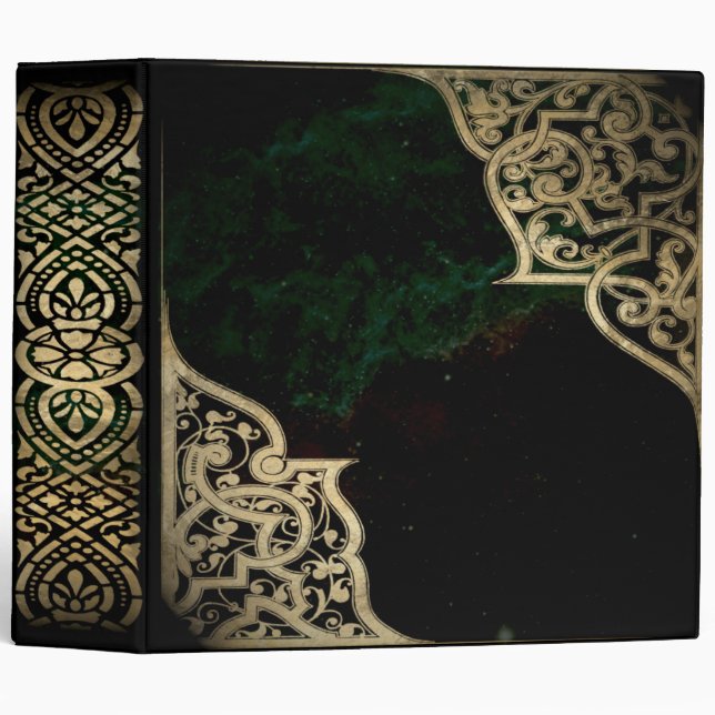 Dark Gothic Gold Foil Green Starry Nebula 3 Ring Binder (Front/Spine)
