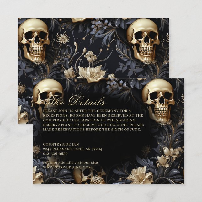 Dark Gothic Gold Skulls & Flowers Wedding Enclosure Card (Front/Back)