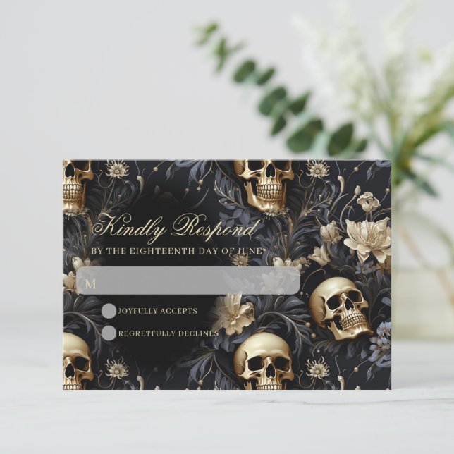 Dark Gothic Gold Skulls & Flowers Wedding RSVP Card (Standing Front)