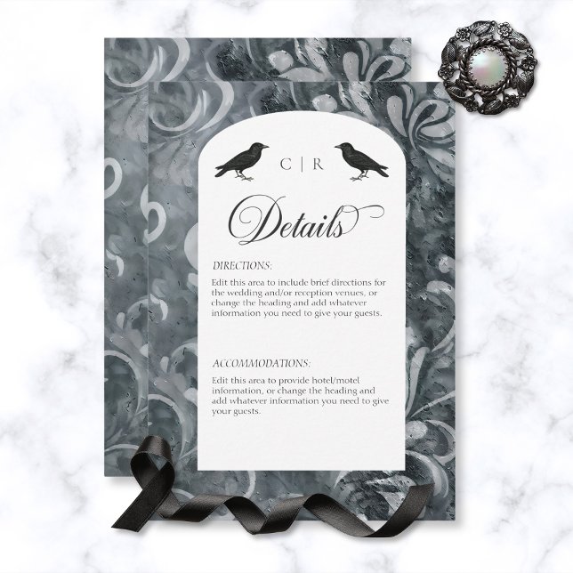 Dark Gothic Gray & Black Damask & Ravens Details Enclosure Card (Creator Uploaded)