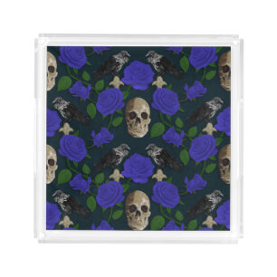 Dark Gothic Grungy Rose Vines Raven Skull blue Acrylic Tray