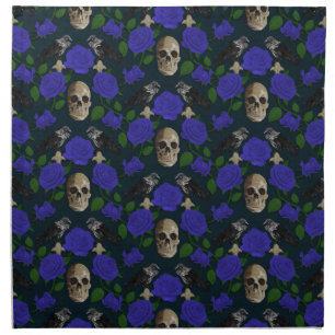 Dark Gothic Grungy Rose Vines Raven Skull blue Cloth Napkin