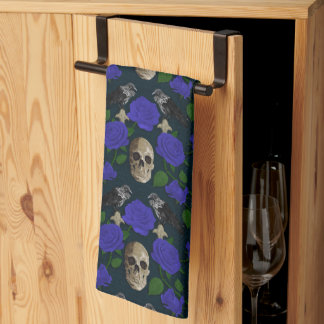 Dark Gothic Grungy Rose Vines Raven Skull blue Kitchen Towel