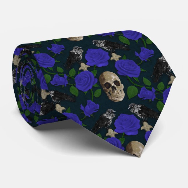Dark Gothic Grungy Rose Vines Raven Skull blue Neck Tie (Rolled)