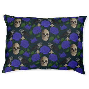 Dark Gothic Grungy Rose Vines Raven Skull blue Pet Bed